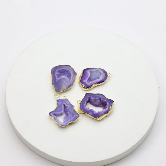 Purple geode slice druzy charms with gold-plated bezels for handmade jewelry designs