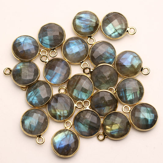 10mm Labradorite Round Faceted Charms – Gold-Plated Brass Gemstone Pendants My Store