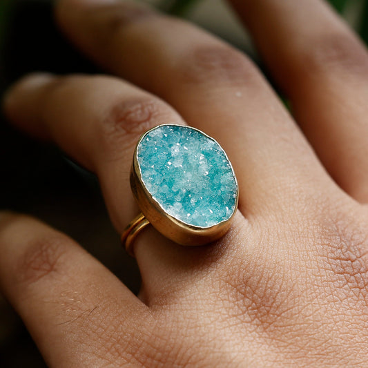 Agate Druzy Crystal Statement Ring – Gold Plated Adjustable Handmade Jewelry Meena Design