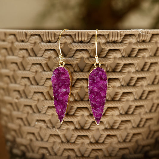 Natural Pink Druzy Stone Drop Earrings | Handmade Gold Plated Boho Jewelry for Women