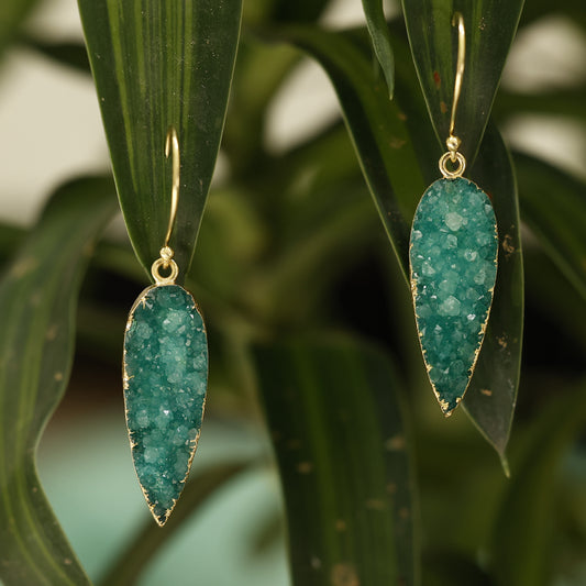 Natural Green Druzy Stone Drop Earrings | Handmade Gold Plated Boho Jewelry for Women