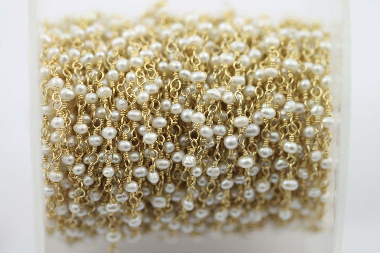 10 Feet Gold Plated Natural Fresh Water Pearl Rondelle Rosary Style Beaded Chain rosary chain beads size 2.5 - 3.5 mm - Meena Design