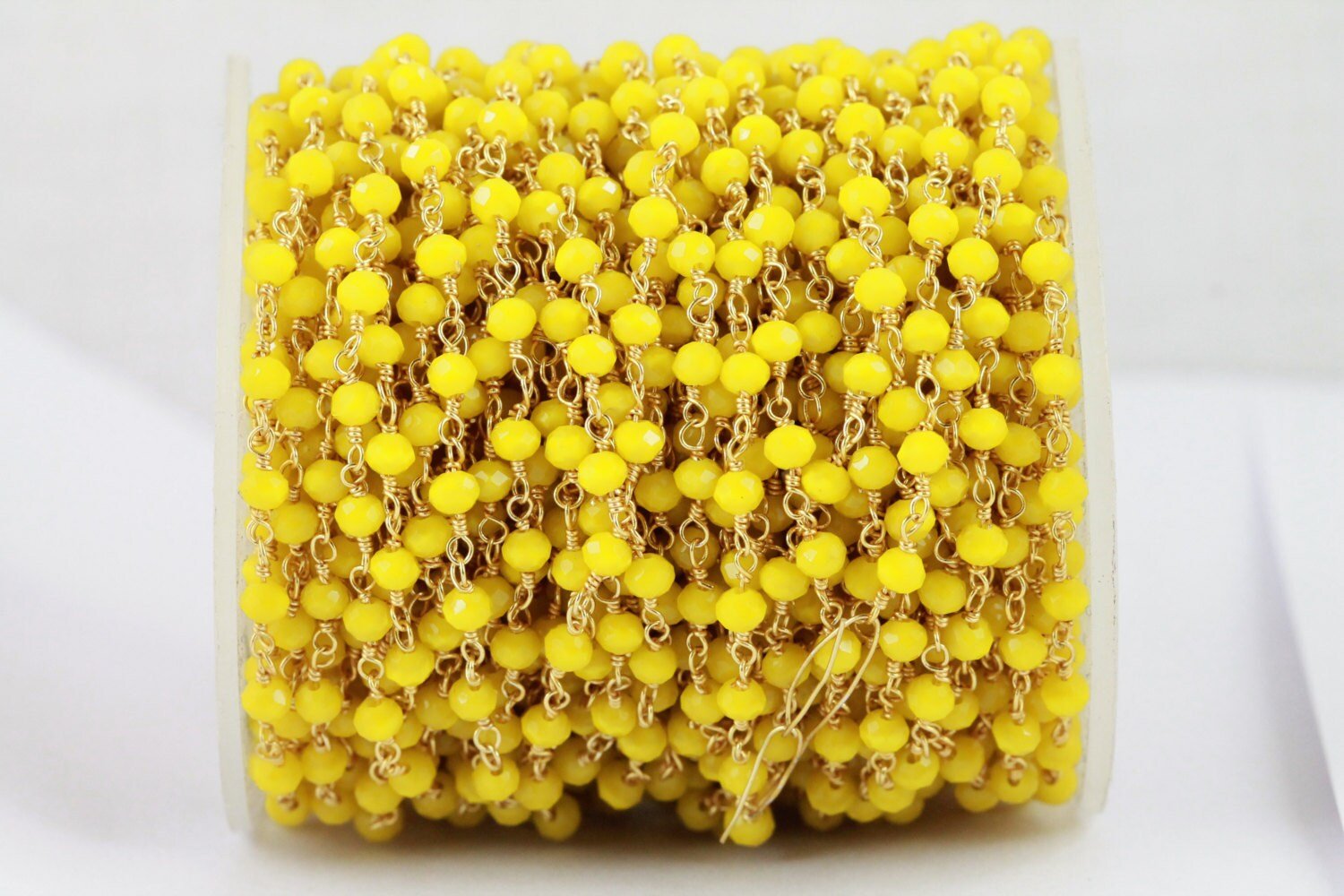 10 Feet Gold Plated Yellow Jade Faceted Glass Rondelle Rosary Chain - Meena Design