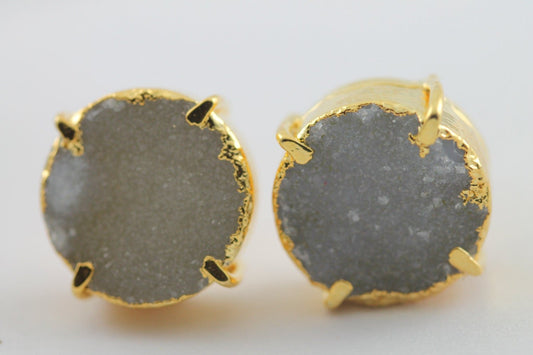 10 MM Circle Natural Agate Druzy Minimalistic Studs Gold Plated on Brass Prong Set - Meena Design