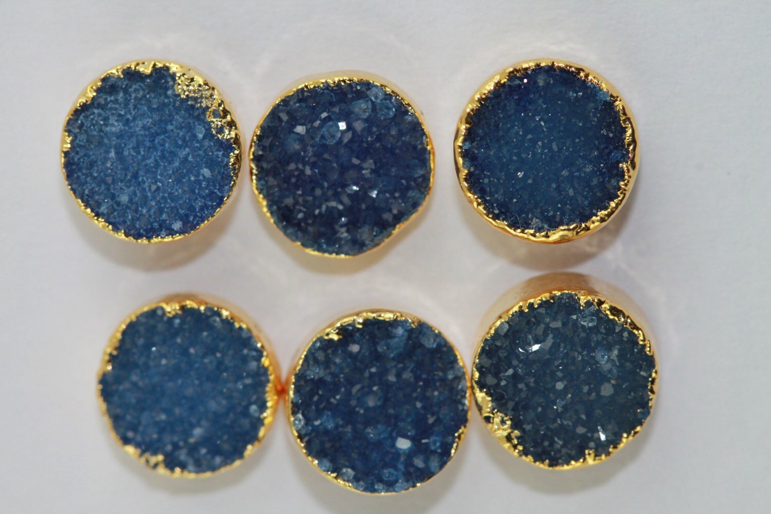 8 mm Circle Natural Agate Druzy Gemstone Minimalistic Stud Gold Plated on Brass - Meena Design