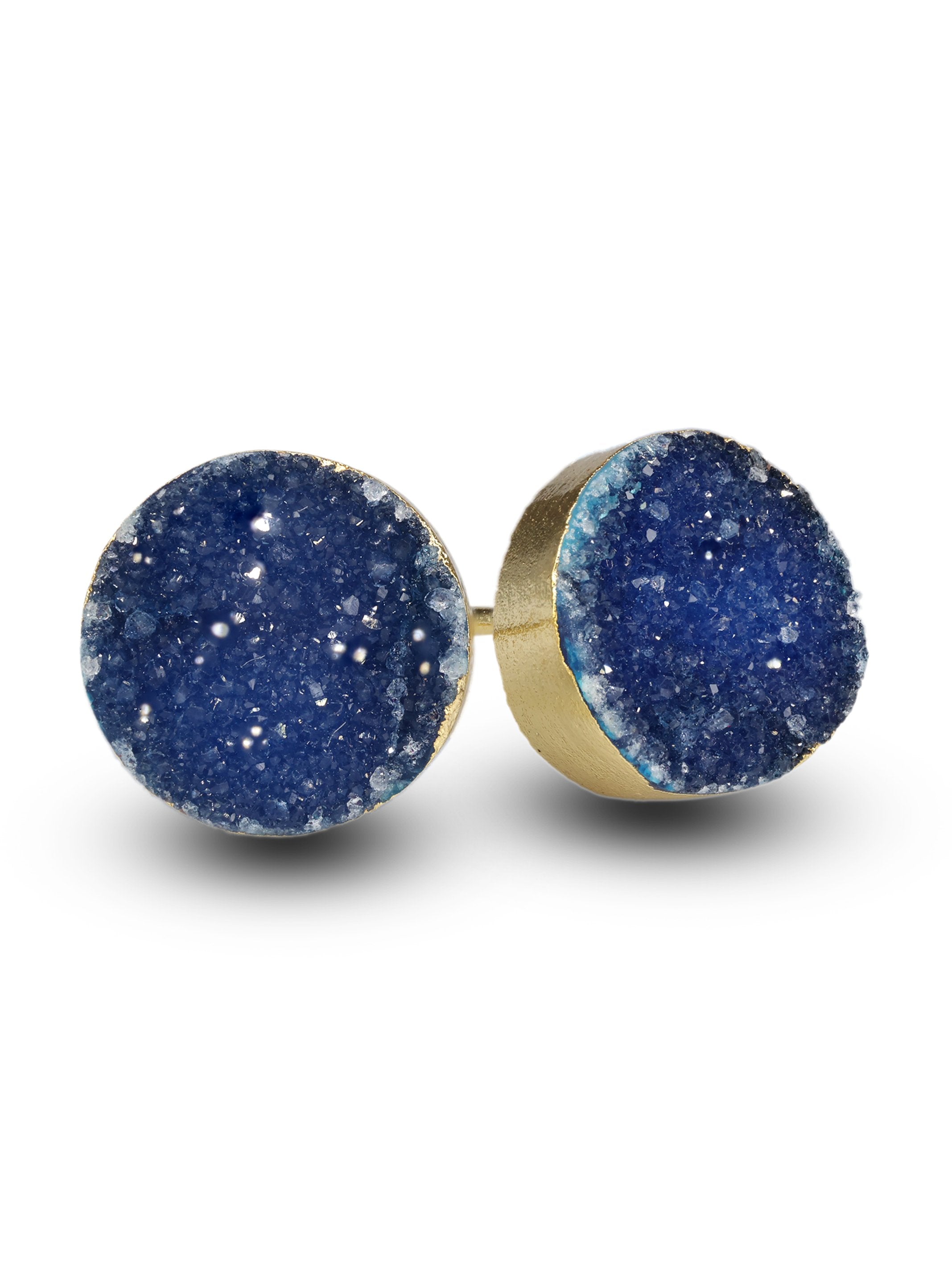 8 mm Circle Natural Agate Druzy Gemstone Minimalistic Stud Gold Plated on Brass - Meena Design