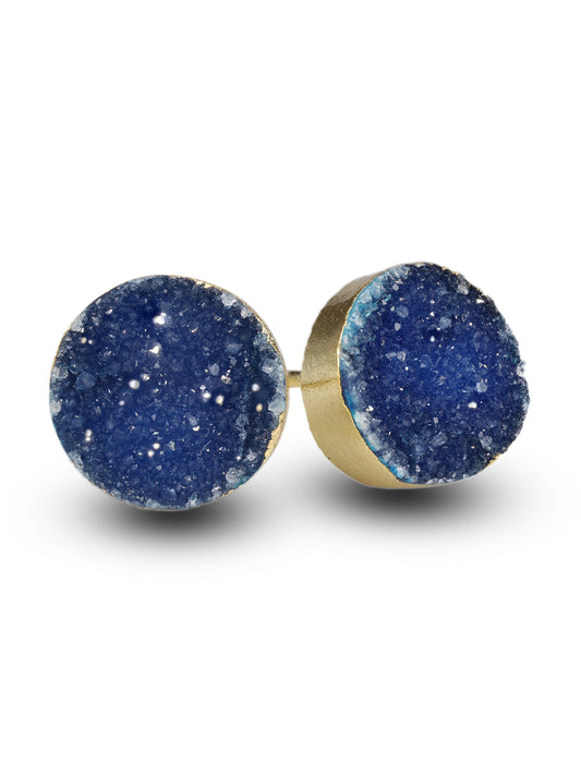 8 mm Circle Natural Agate Druzy Gemstone Minimalistic Stud Gold Plated on Brass - Meena Design