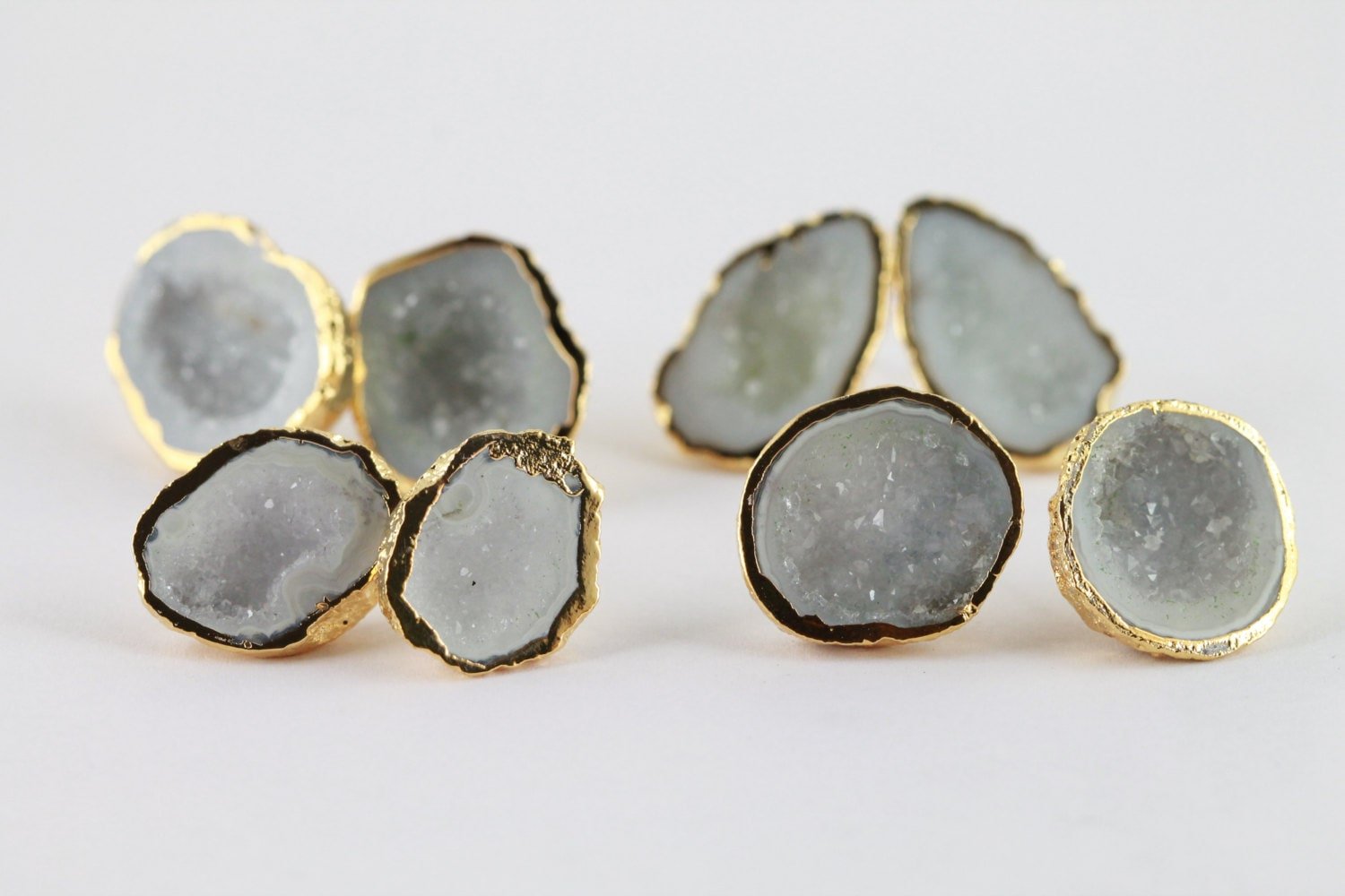Agate Druzy Geode Stud Gold Edged White - Meena Design