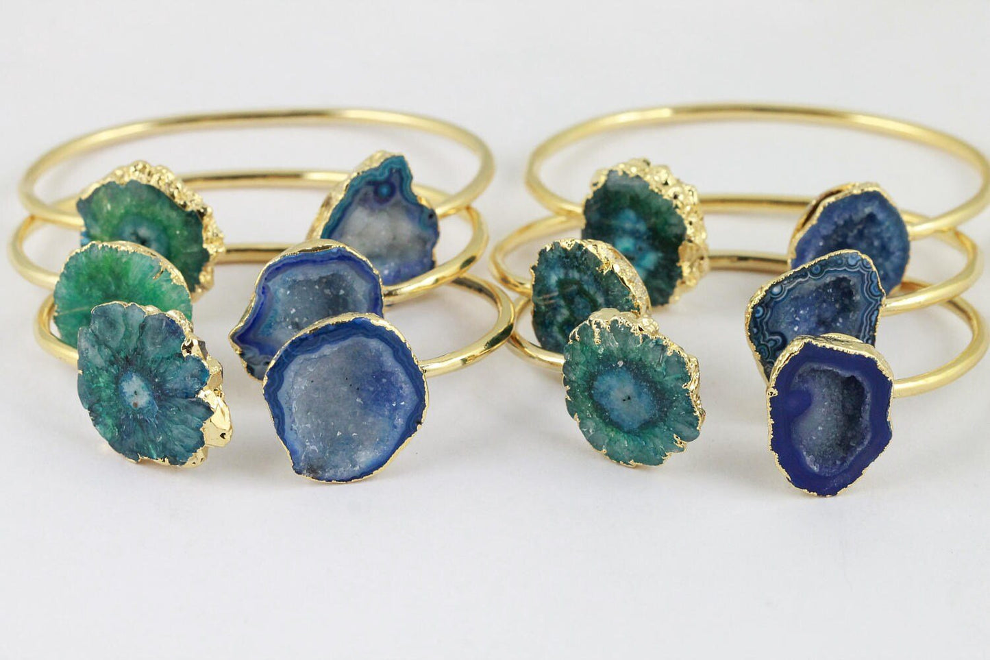Bracelet Geode and Solar Quartz Gold Edged over Brass - Meena Design