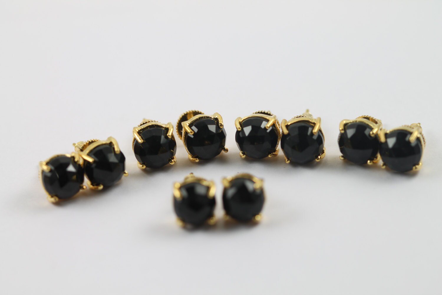 earring studs in natural chalcedony black faceted stones in prong Set - Meena Design