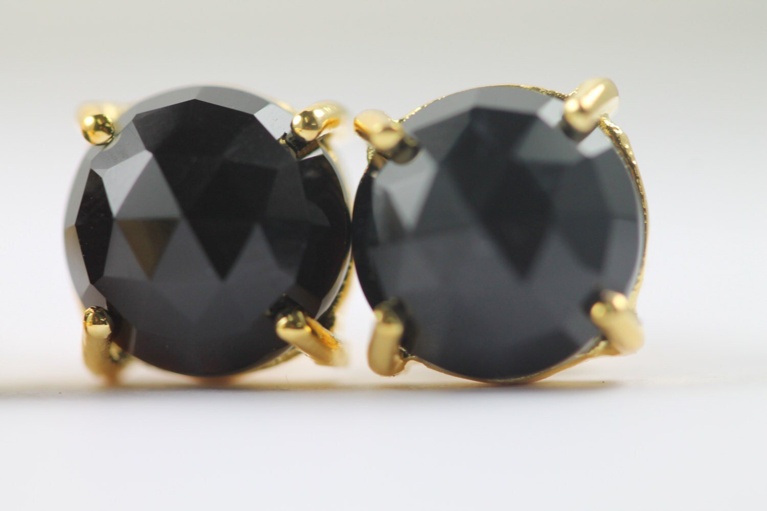 earring studs in natural chalcedony black faceted stones in prong Set - Meena Design