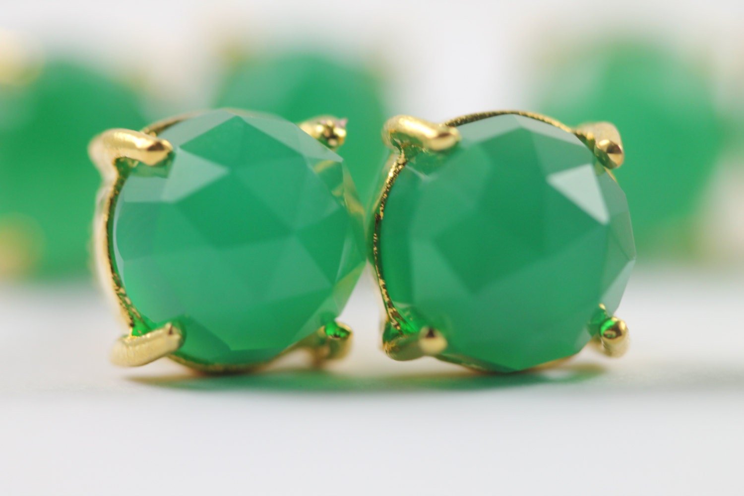 earring studs in natural chalcedony green faceted stones in prong settings - Meena Design