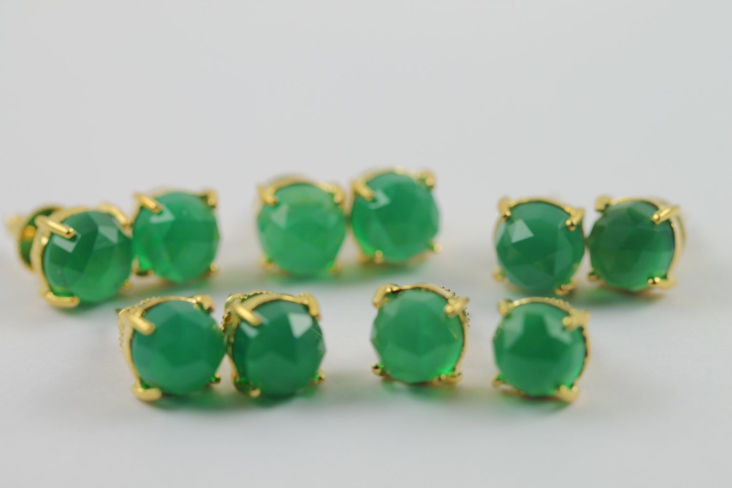 earring studs in natural chalcedony green faceted stones in prong settings - Meena Design