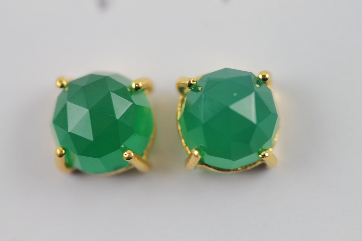 earring studs in natural chalcedony green faceted stones in prong settings - Meena Design