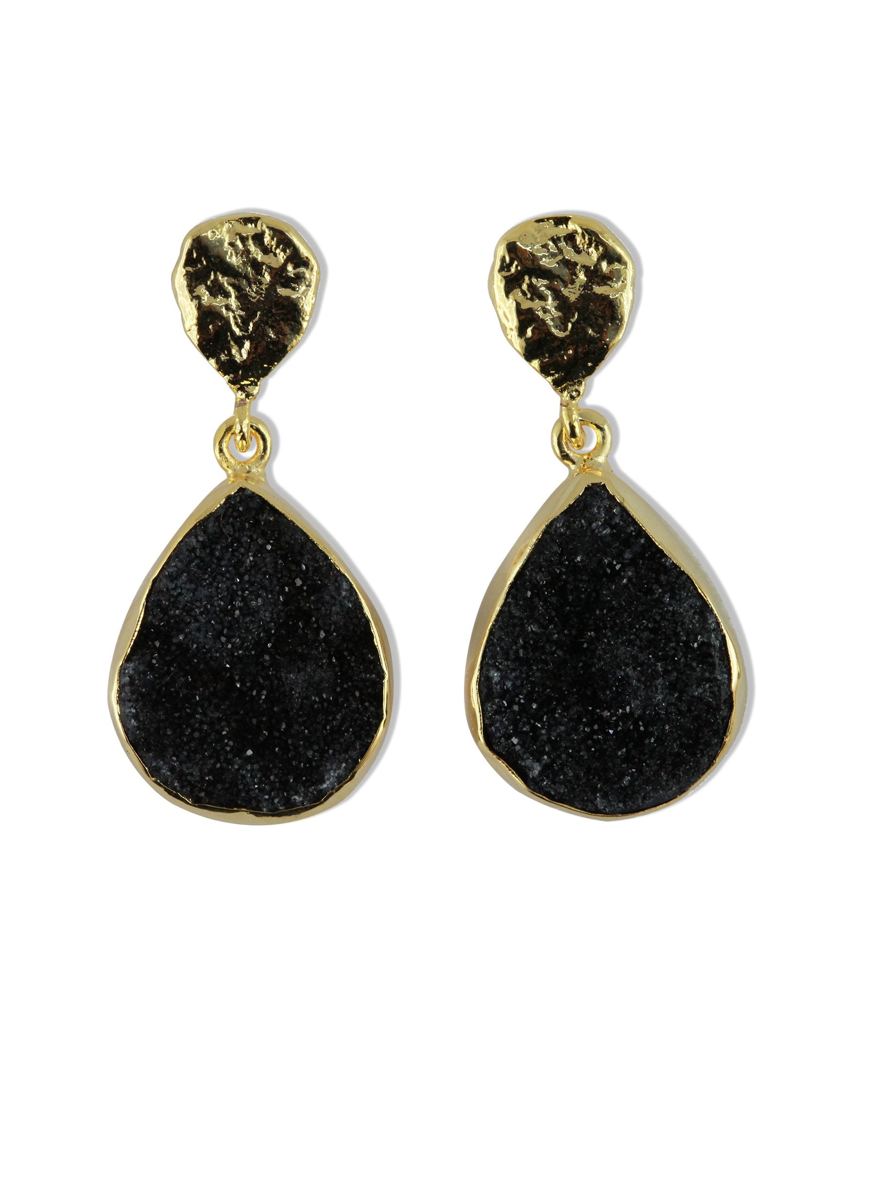 Earrings Natural black Druzy 15 * 20 Pear Hand Crafted in Brass and Gold Plated - Meena Design