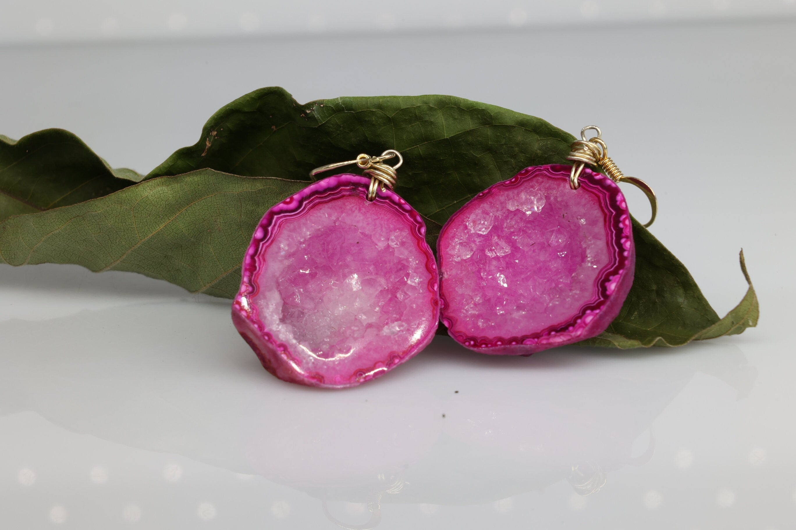 Geode Agate Druzy Earring, Natural Stone Dangle Slopes For Women, Wire Wrap Handmade Jewelry - Meena Design