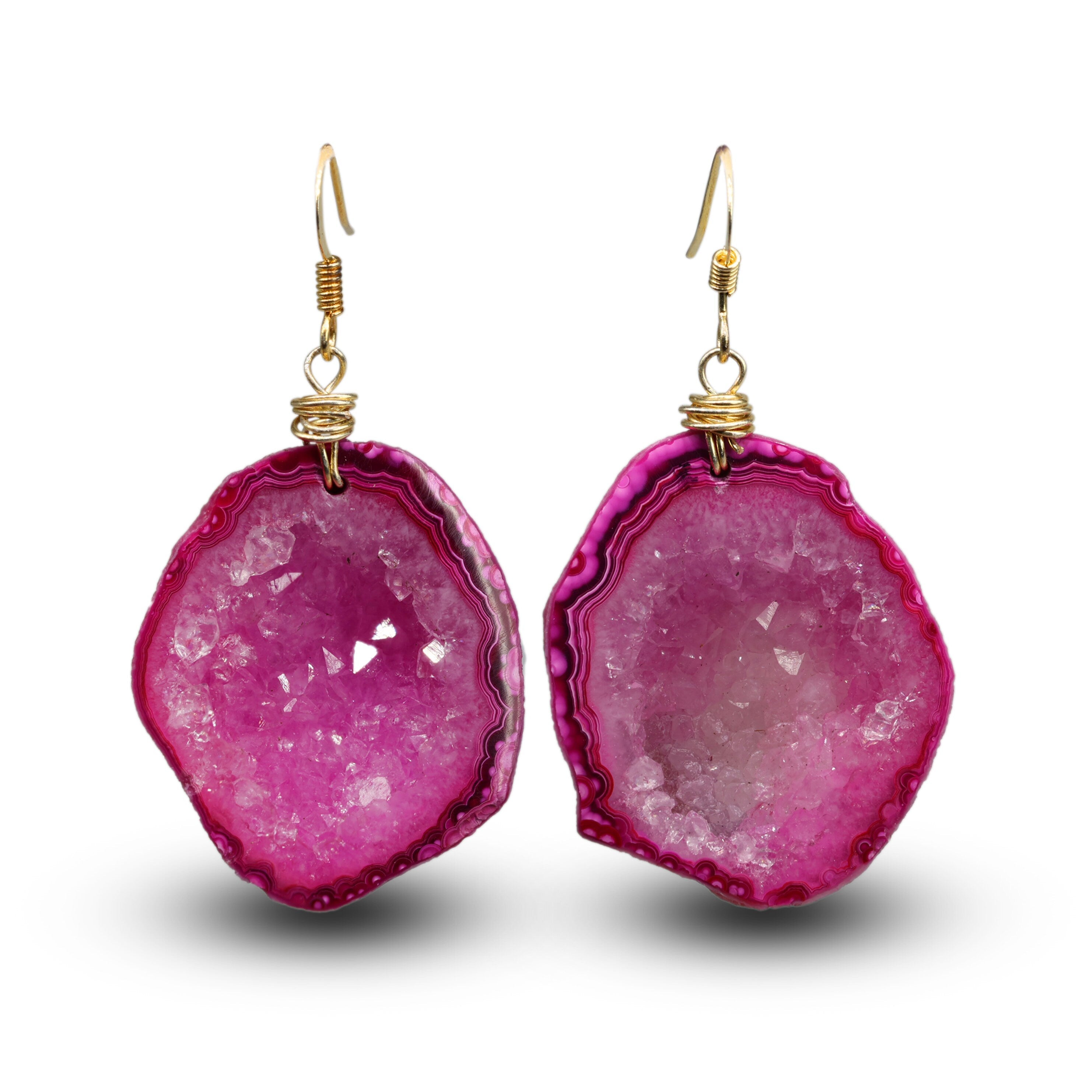 Geode Agate Druzy Earring, Natural Stone Dangle Slopes For Women, Wire Wrap Handmade Jewelry - Meena Design