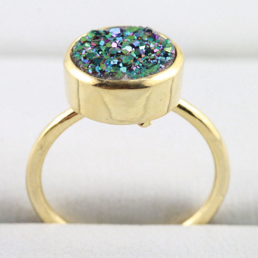Micron Gold Rings 10 mm Natural Gemstone Agate Druzy Round Titanium Green Gold Plated on Brass Adjustable Shank - Meena Design