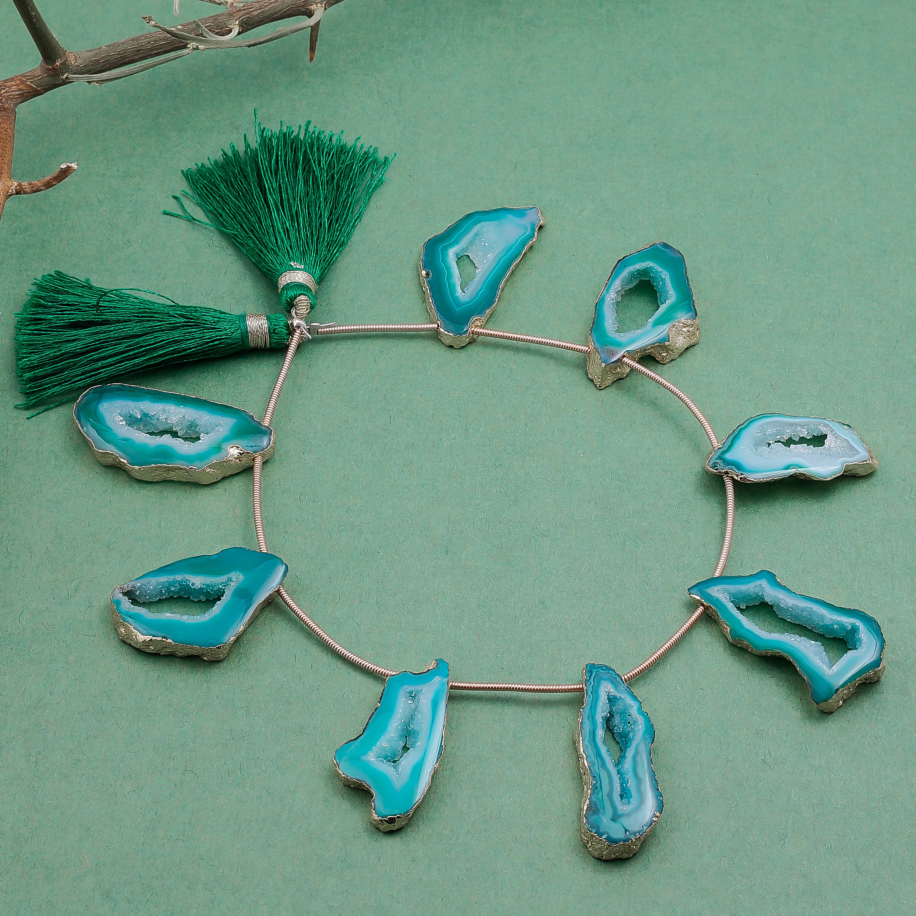 Pink Agate Geode Necklace with Gold Chain and Tassels