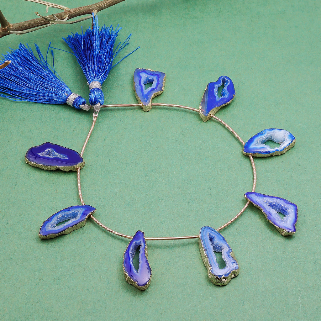 Agate Geode Necklace with Gold Chain and Pink Tassels