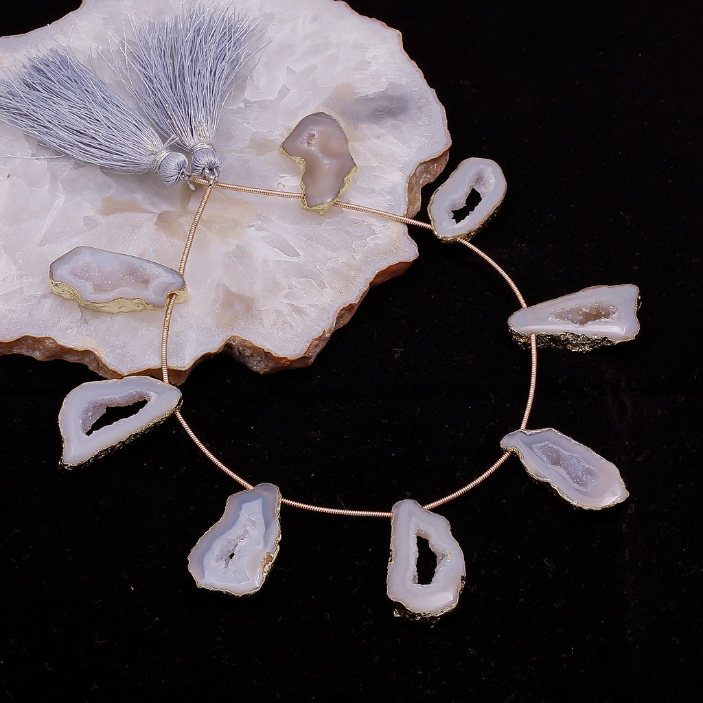 Natural Stone Pink Geode Necklace with Elegant Tassels