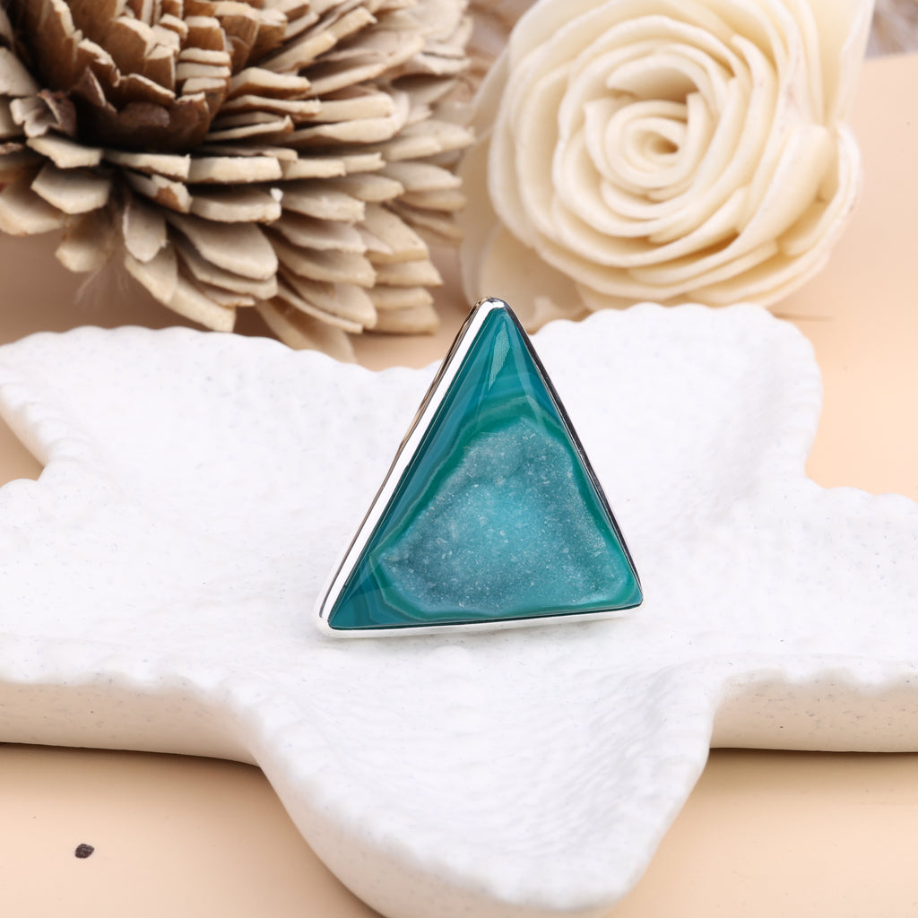 Natural agate window druzy ring with gold plated bezel setting,