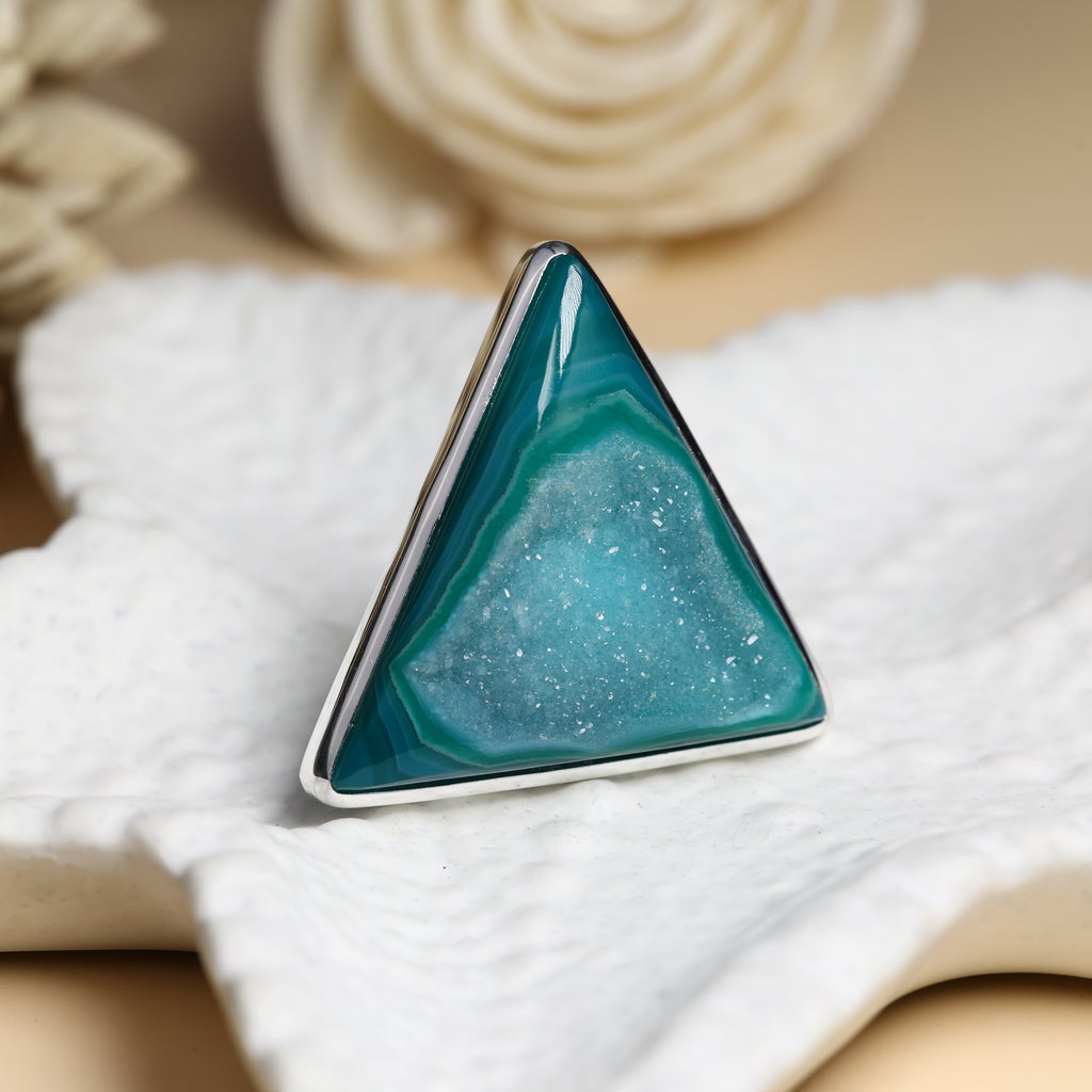 Unique natural agate window druzy cabochon ring in adjustable size