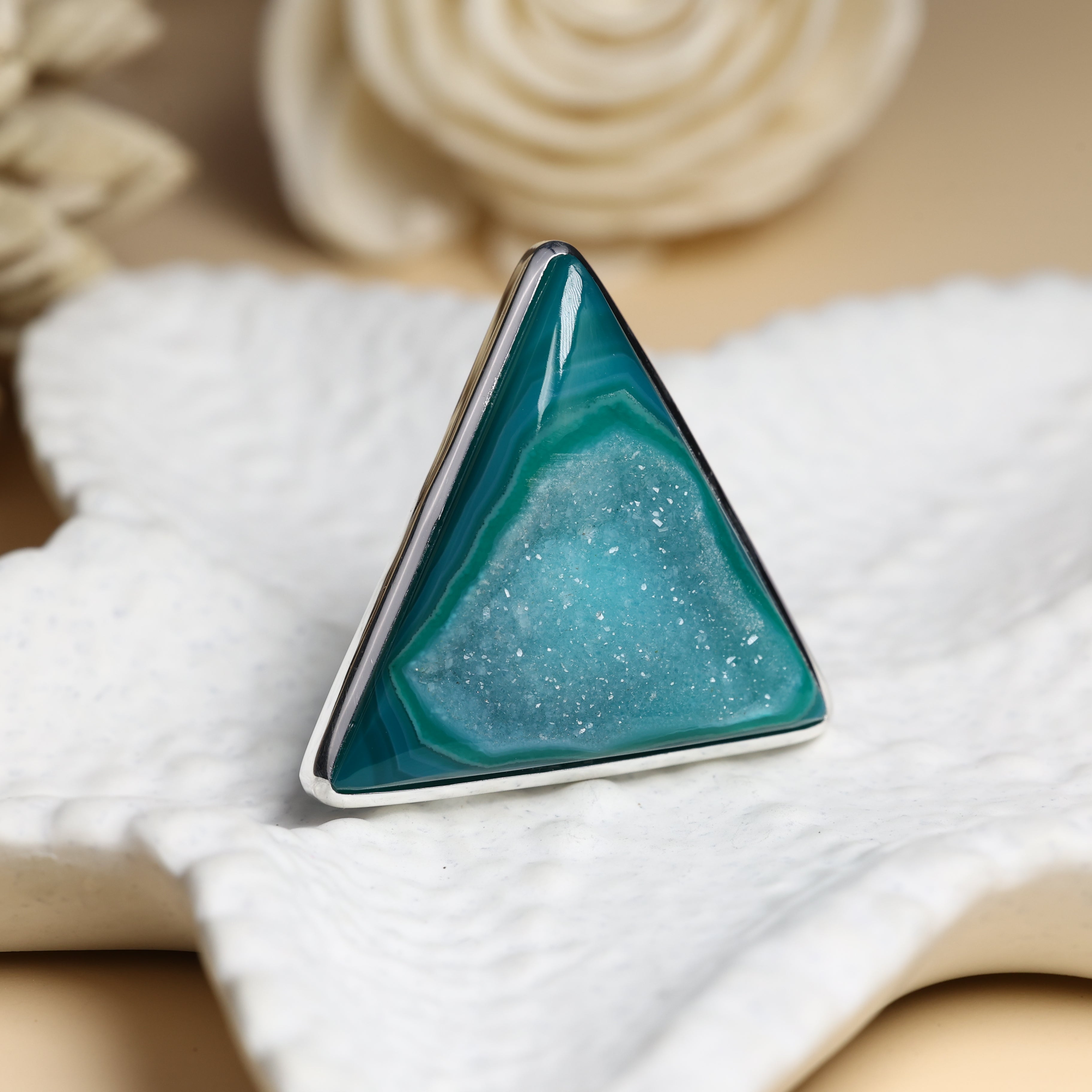 Unique natural agate window druzy cabochon ring in adjustable size