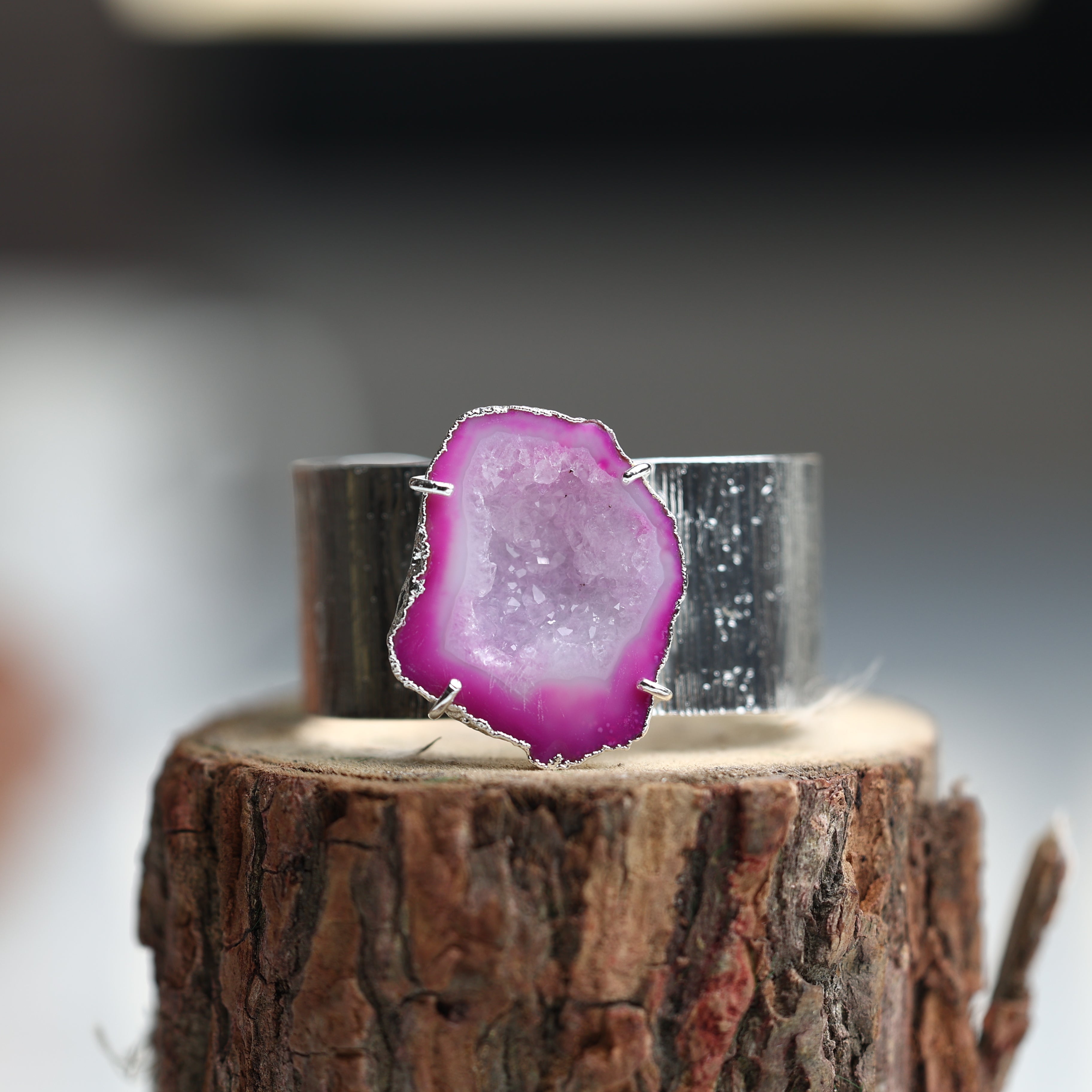 Adjustable silver cuff bracelet with large natural pink agate geode druzy stone