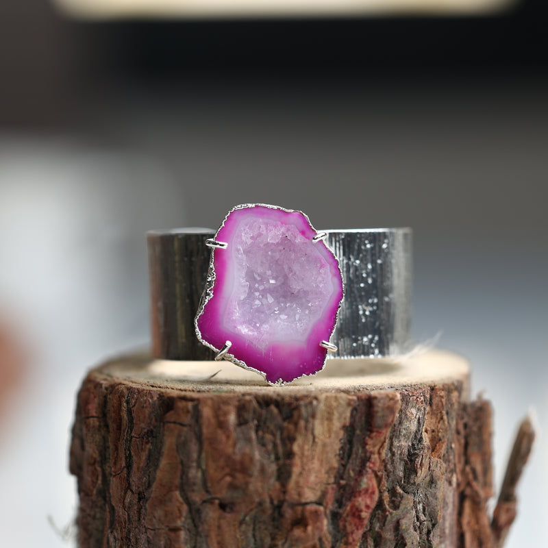 Adjustable silver cuff bracelet with large natural pink agate geode druzy stone