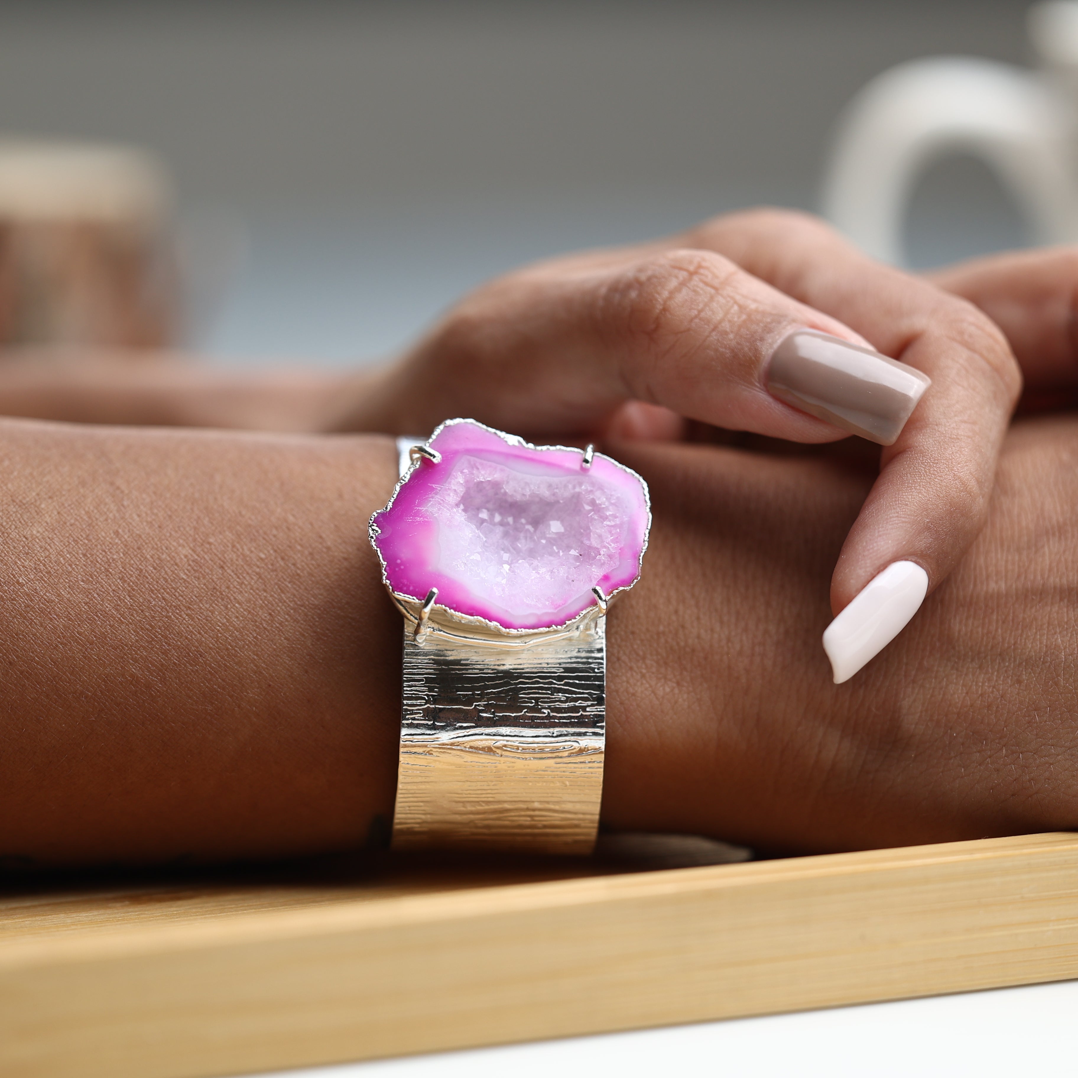 Adjustable Druzy Agate Slice Bracelet – Textured Silver Cuff, Natural Geode Jewelry My Store