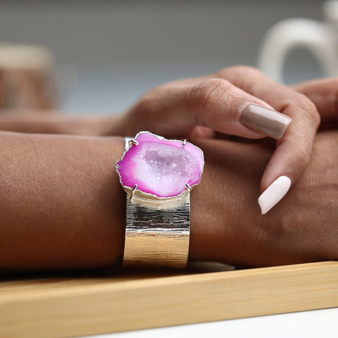 Adjustable Druzy Agate Slice Bracelet – Textured Silver Cuff, Natural Geode Jewelry My Store