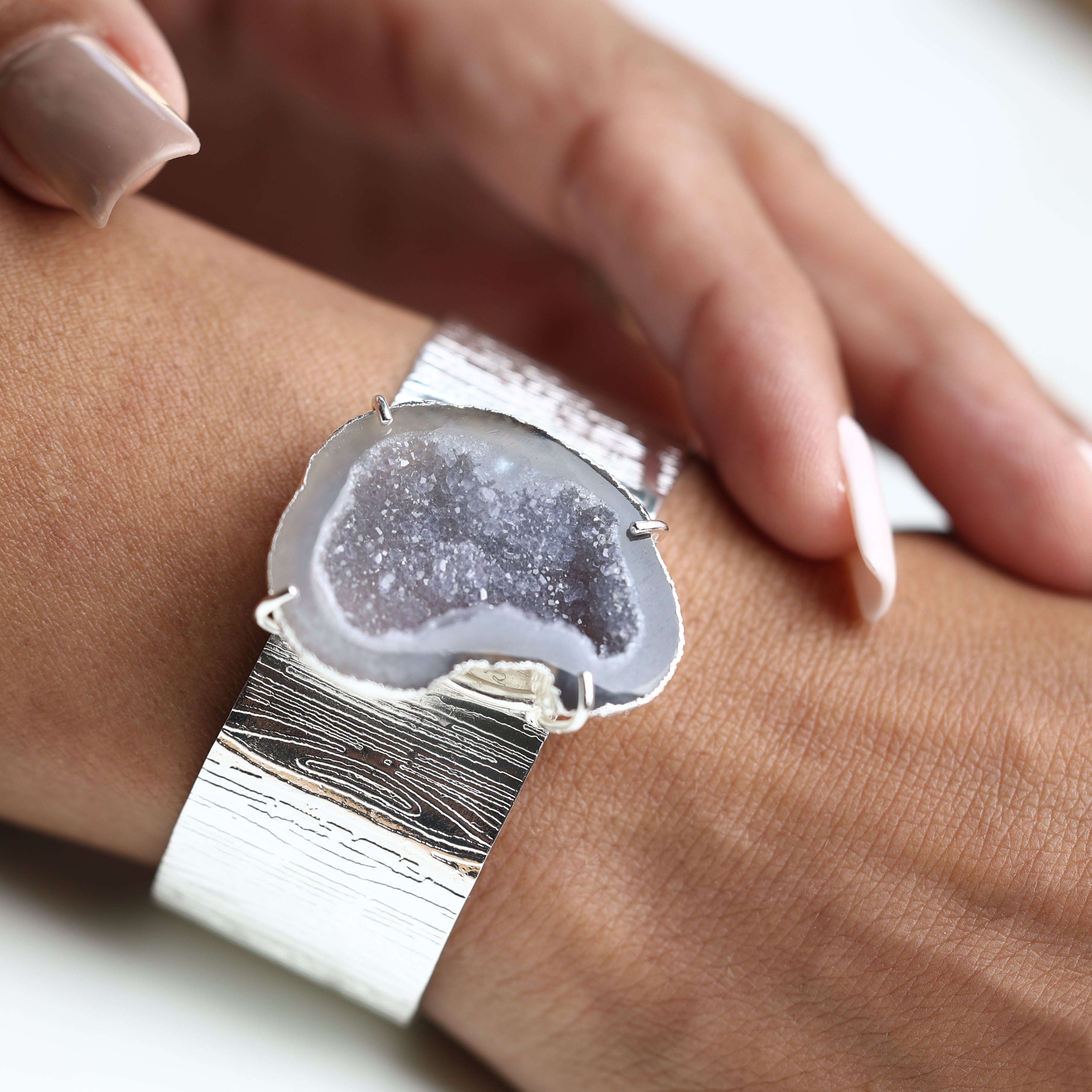 Natural agate geode druzy gemstone set on handmade adjustable silver cuff bracelet