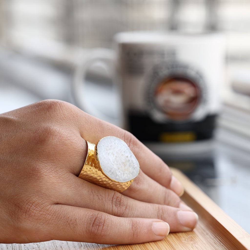 White Geode Statement Ring – Large Crystal on Hammered Gold Band