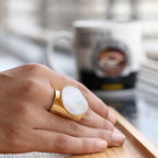 White Geode Statement Ring – Large Crystal on Hammered Gold Band