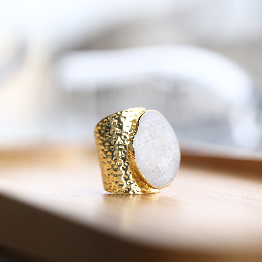 White Geode Statement Ring – Large Crystal on Hammered Gold Band