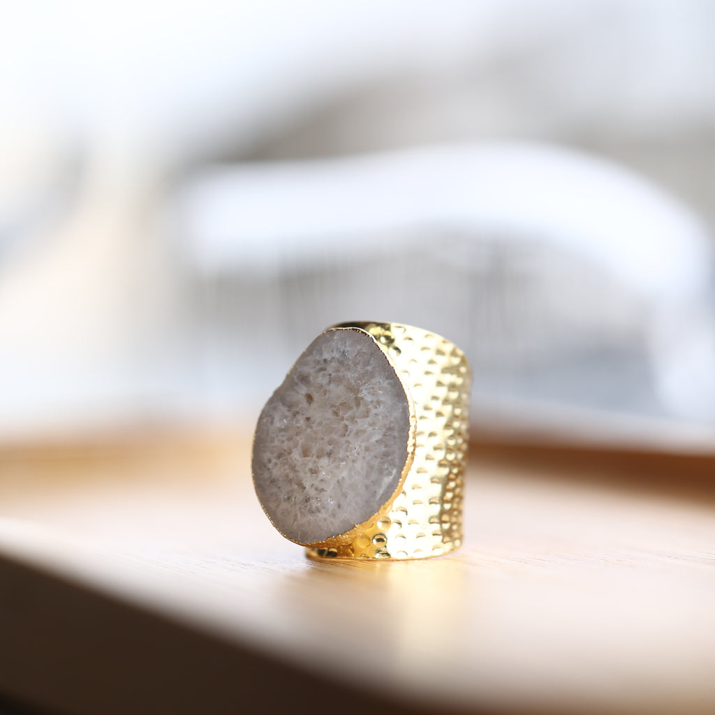 White Geode Statement Ring – Large Crystal on Hammered Gold Band