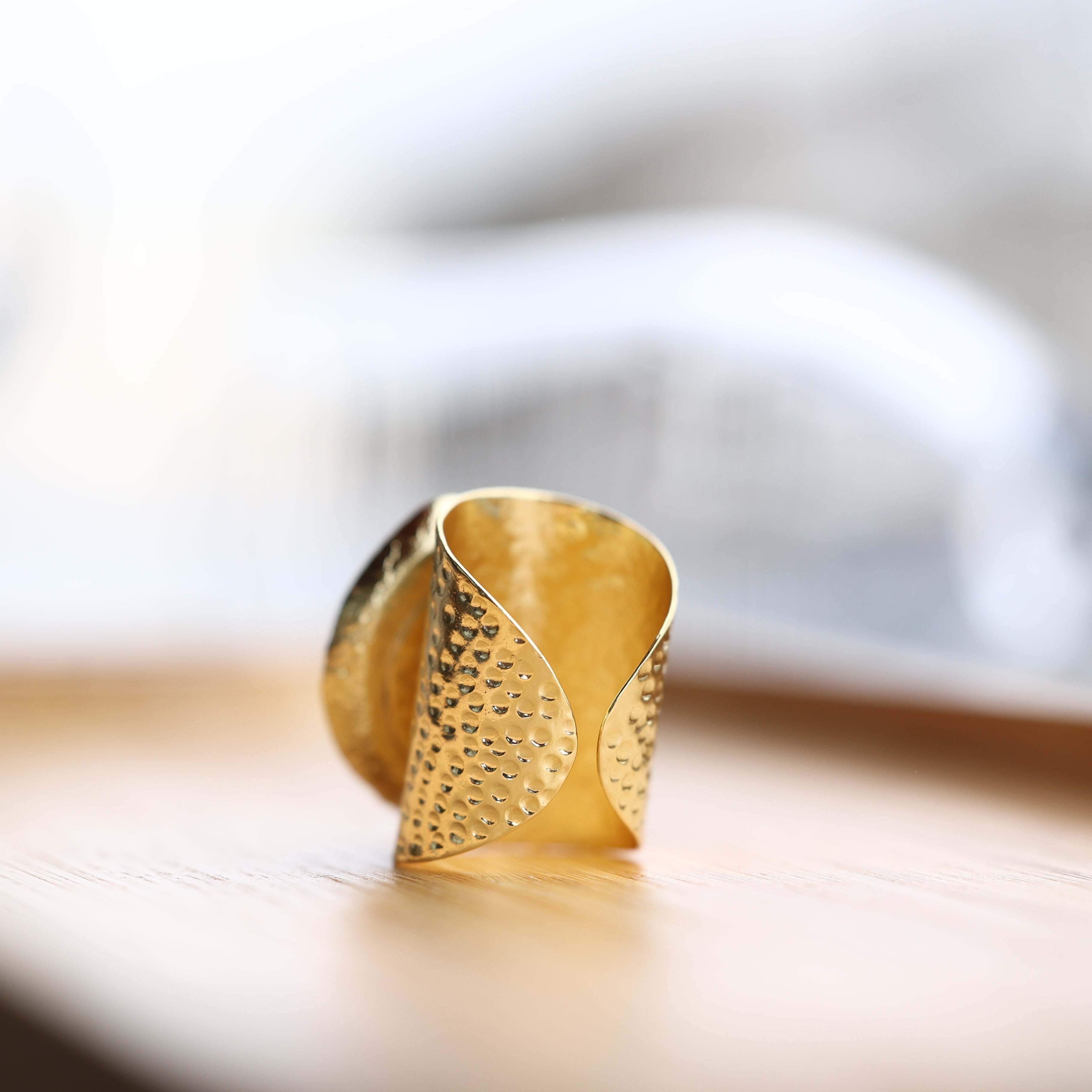 White Geode Statement Ring – Large Crystal on Hammered Gold Band