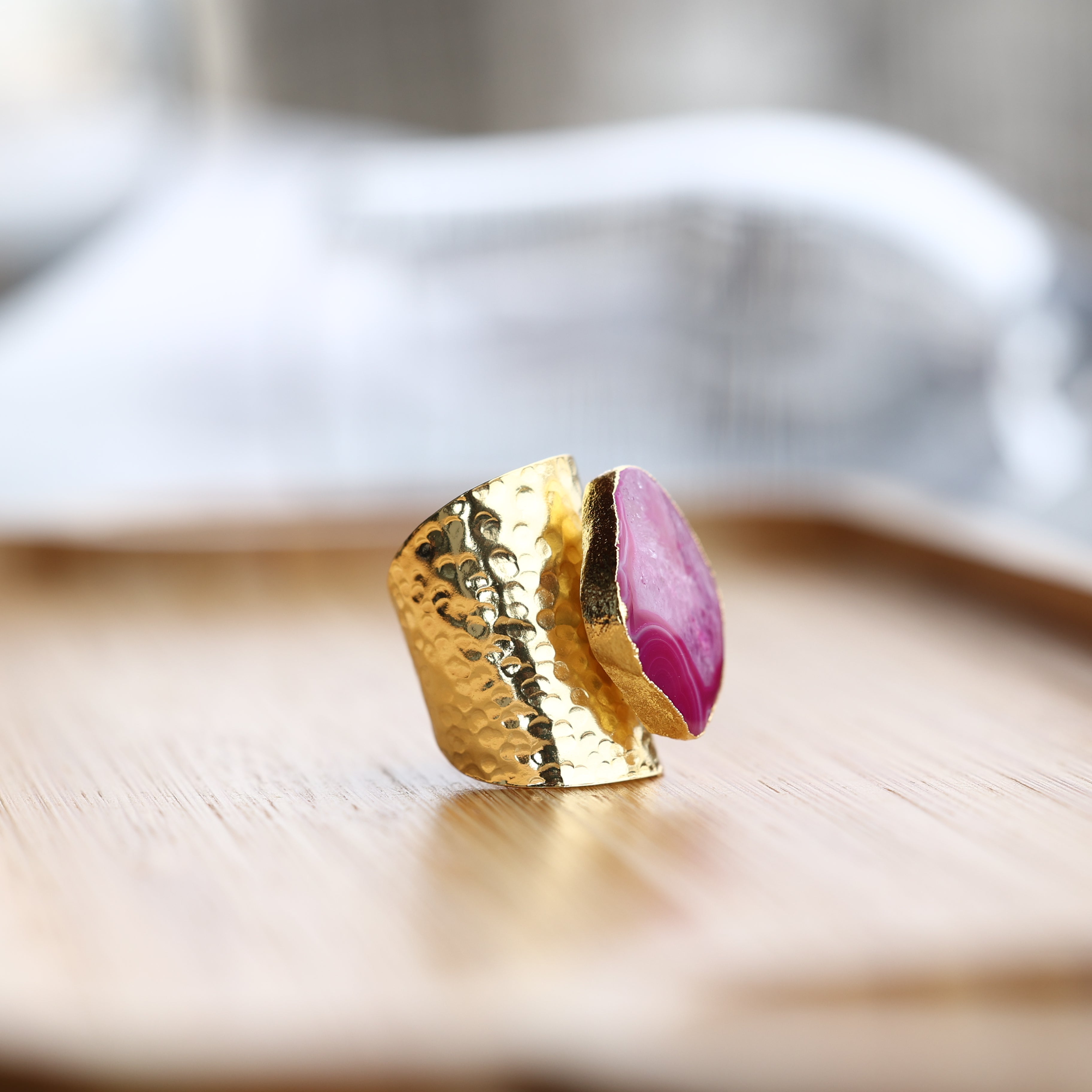 White Geode Statement Ring – Large Crystal on Hammered Gold Band
