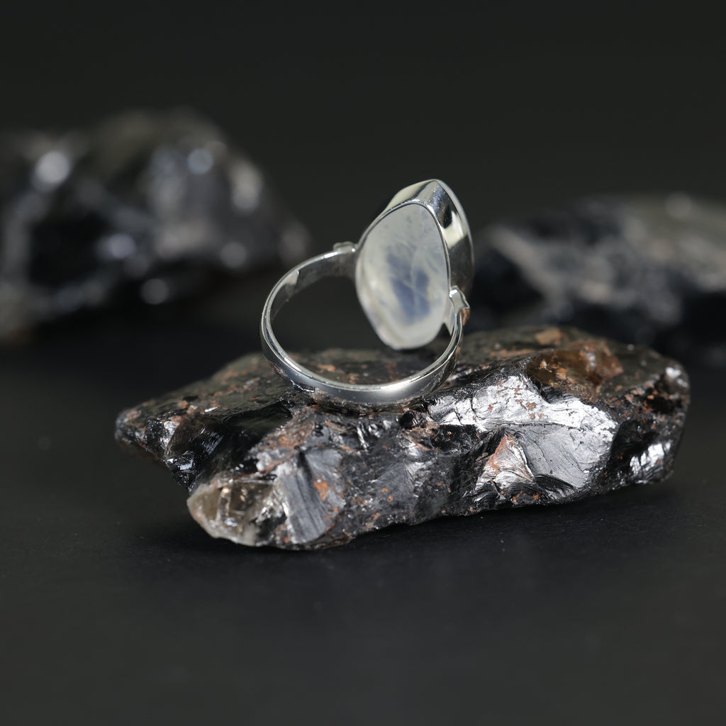 Mondstein-Silberring, weißer Regenbogen, handgefertigter Silberschmuck, Chakra-Schmuck, natürliche Edelsteine