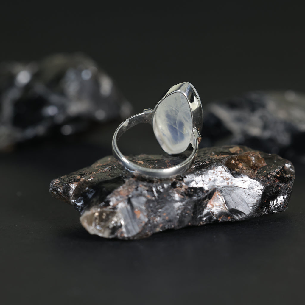 Mondstein-Silberring, weißer Regenbogen, handgefertigter Silberschmuck, Chakra-Schmuck, natürliche Edelsteine