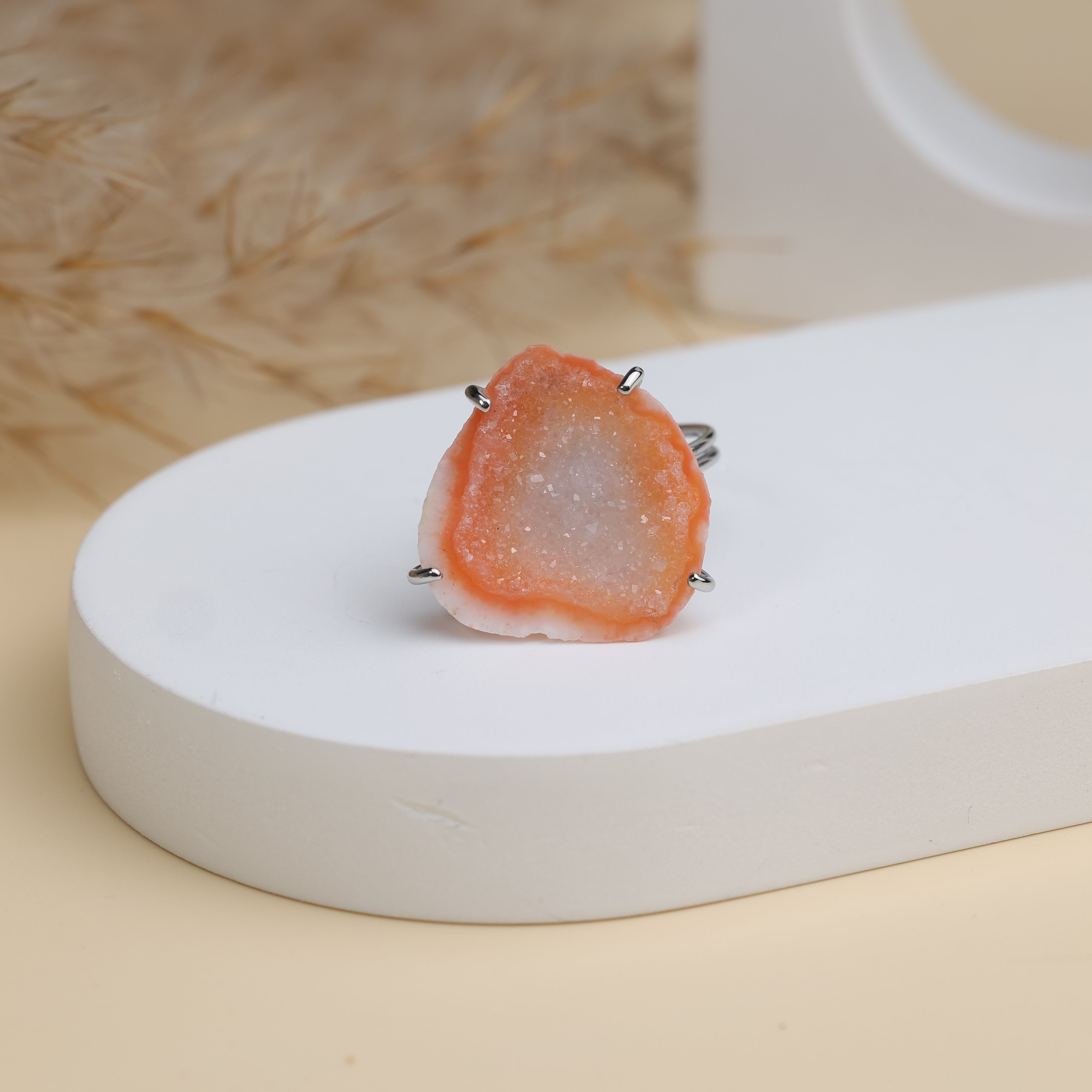 Wholesale Gold Plated Geode Ring | Natural Stone Adjustable Ring (15–20mm) | Brass Base Statement Jewelry