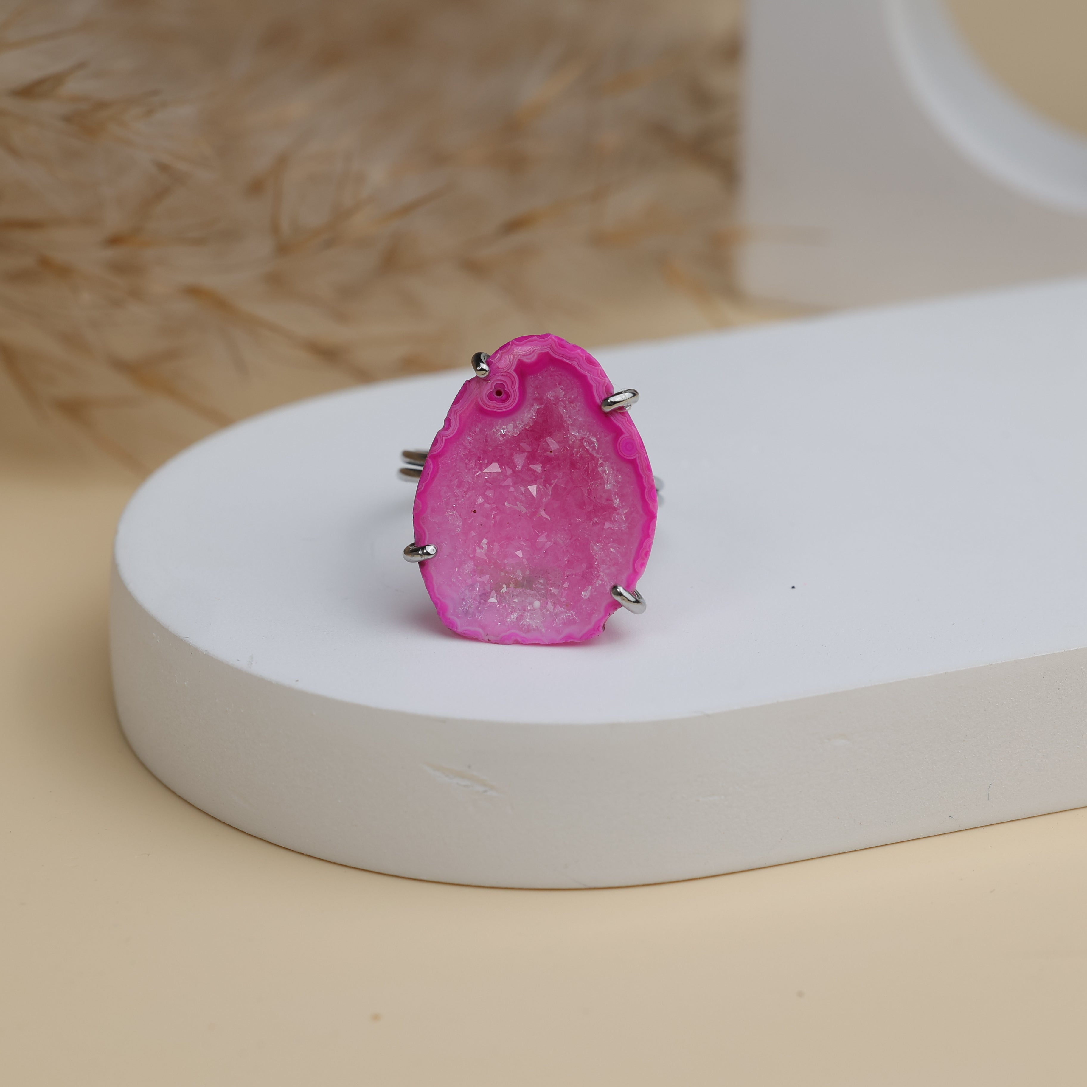 Wholesale Gold Plated Geode Ring | Natural Stone Adjustable Ring (15–20mm) | Brass Base Statement Jewelry