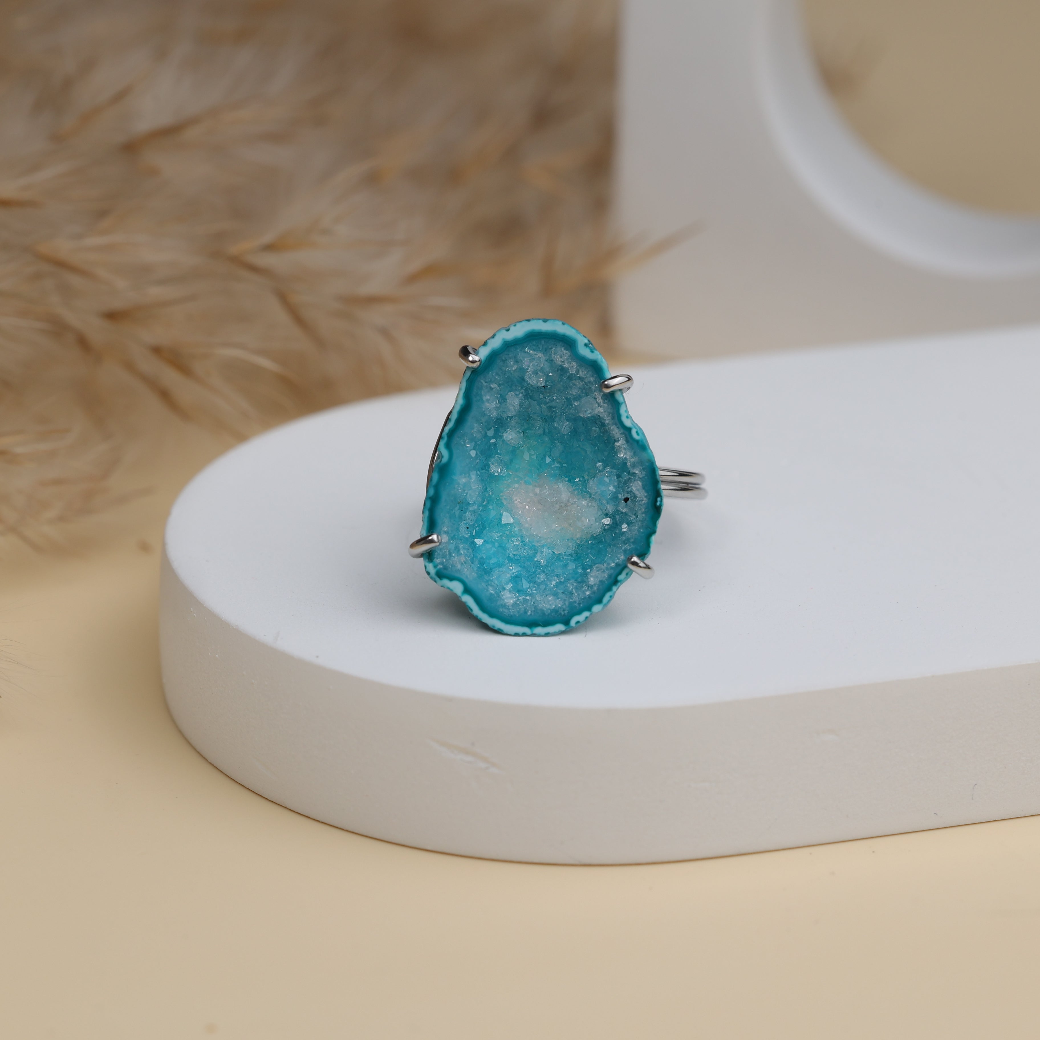 Wholesale Gold Plated Geode Ring | Natural Stone Adjustable Ring (15–20mm) | Brass Base Statement Jewelry