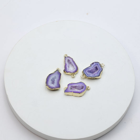 Purple agate geode slice connectors with gold-plated bezel and druzy crystal centers