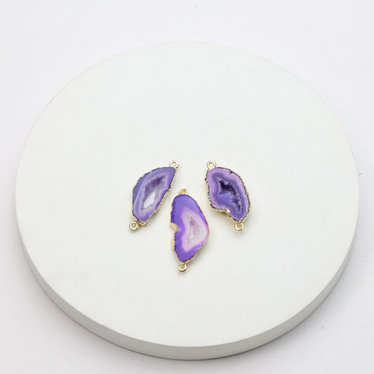 Slim purple agate geode connectors featuring natural druzy crystals and gold trim