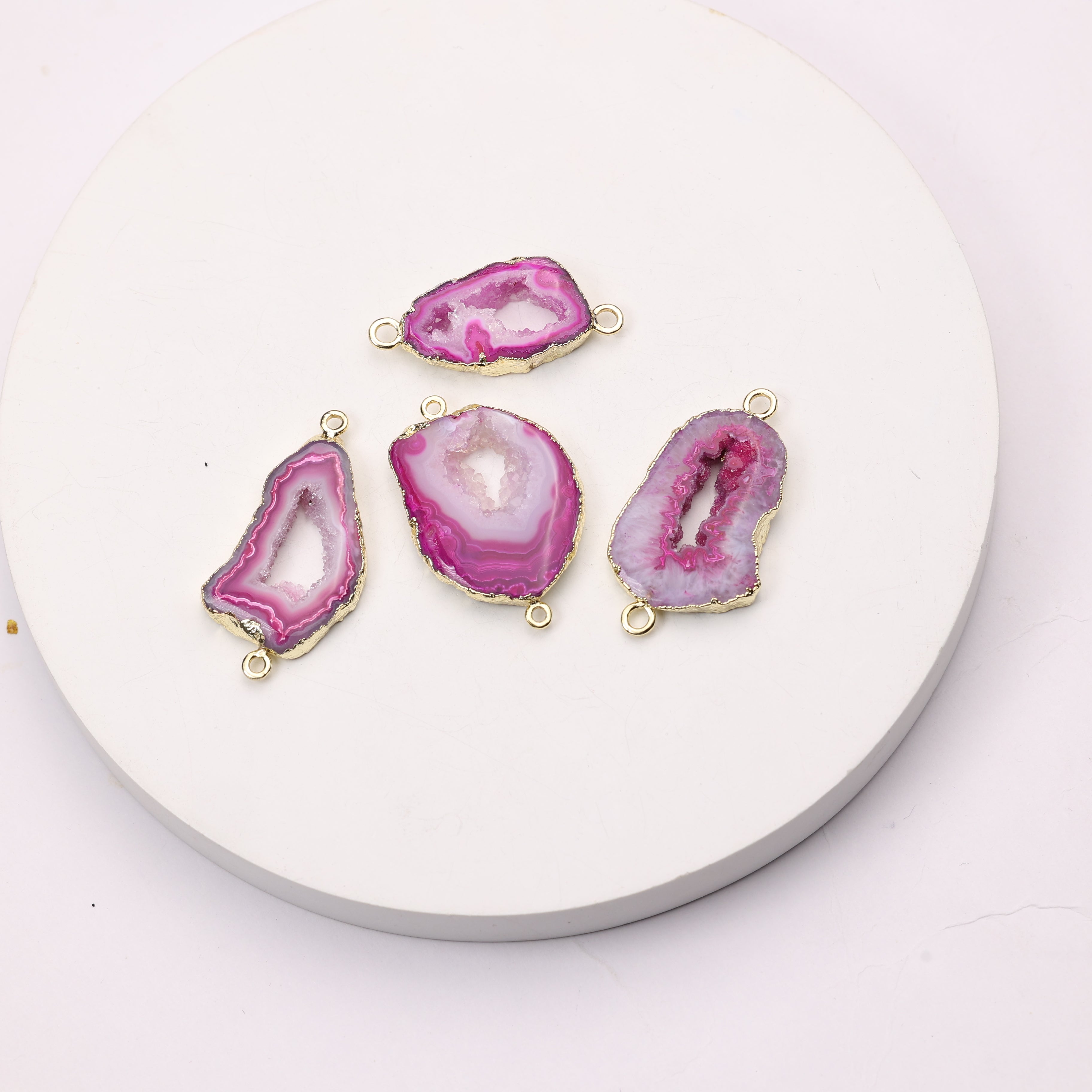 Double-holed geode connector for bracelet chains