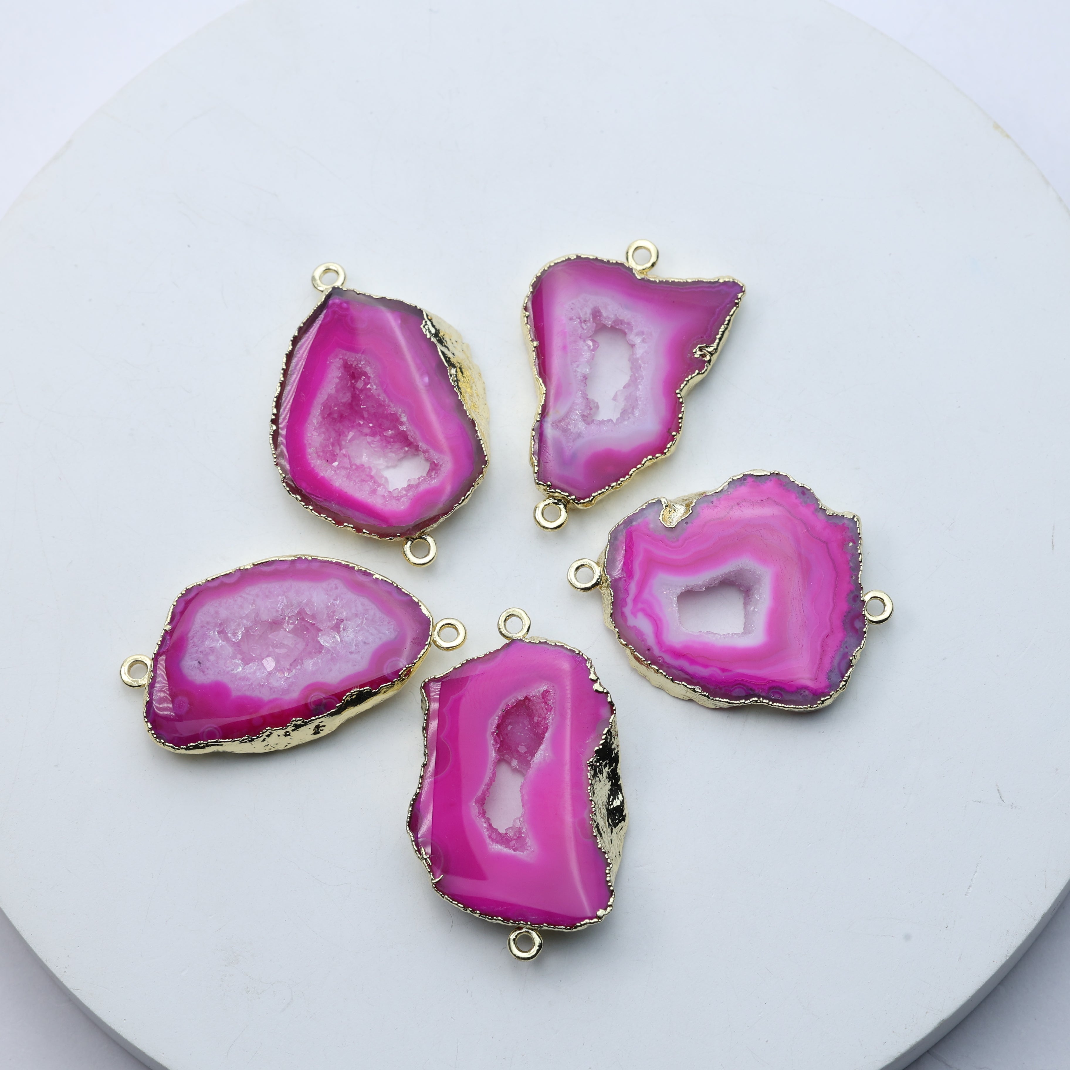 Pink agate geode slice druzy connector 25–30mm natural gemstone for handmade jewelry