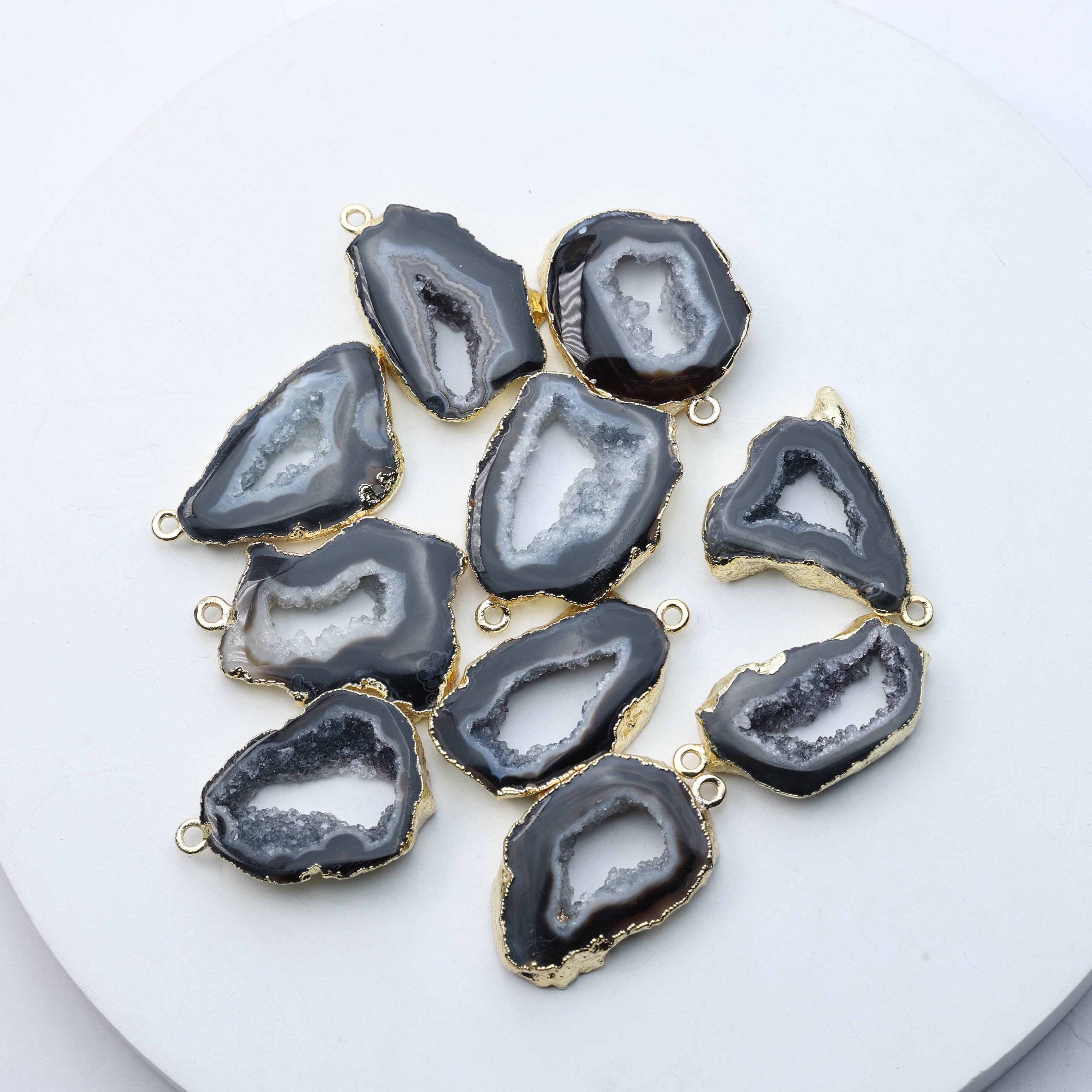 Black Agate Geode Slice Druzy Connector Mix Size – Natural Gemstone Connector for Handmade Jewelry | Get Exact Piece Shown in the Picture