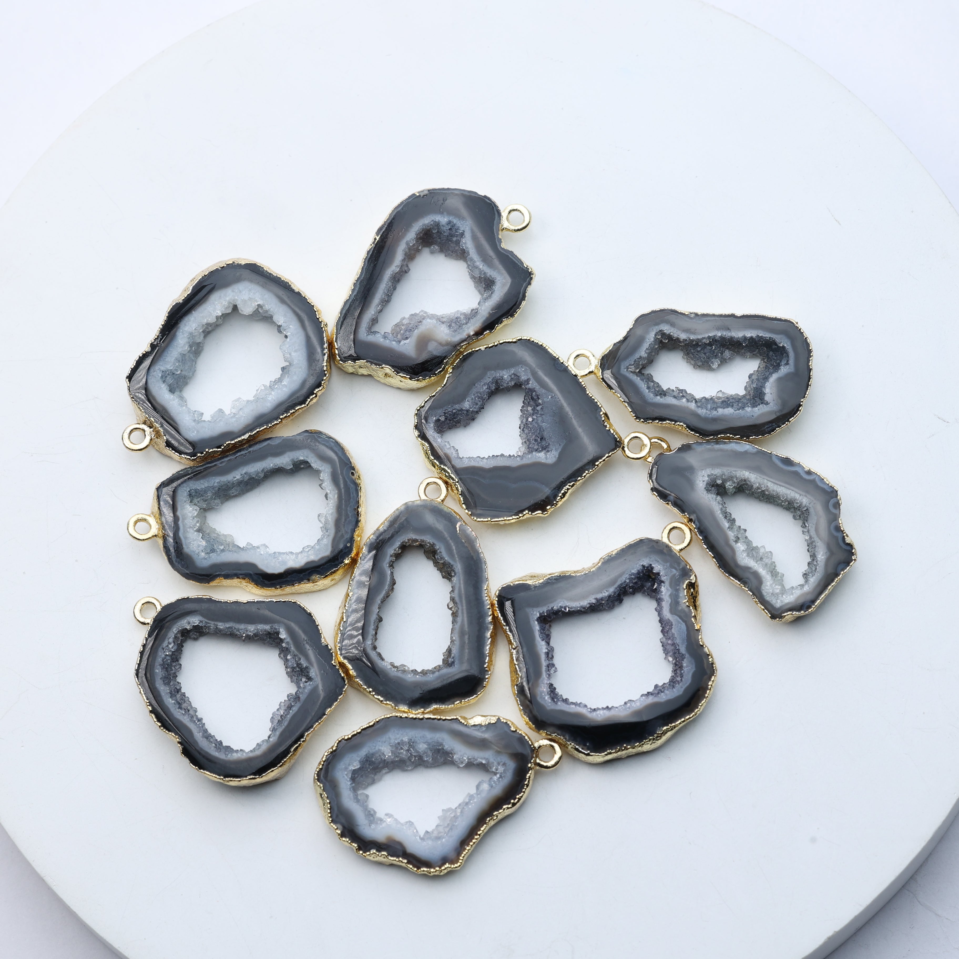 Black Agate Geode Slice Druzy Connector Mix Size – Natural Gemstone Connector for Handmade Jewelry | Get Exact Piece Shown in the Picture